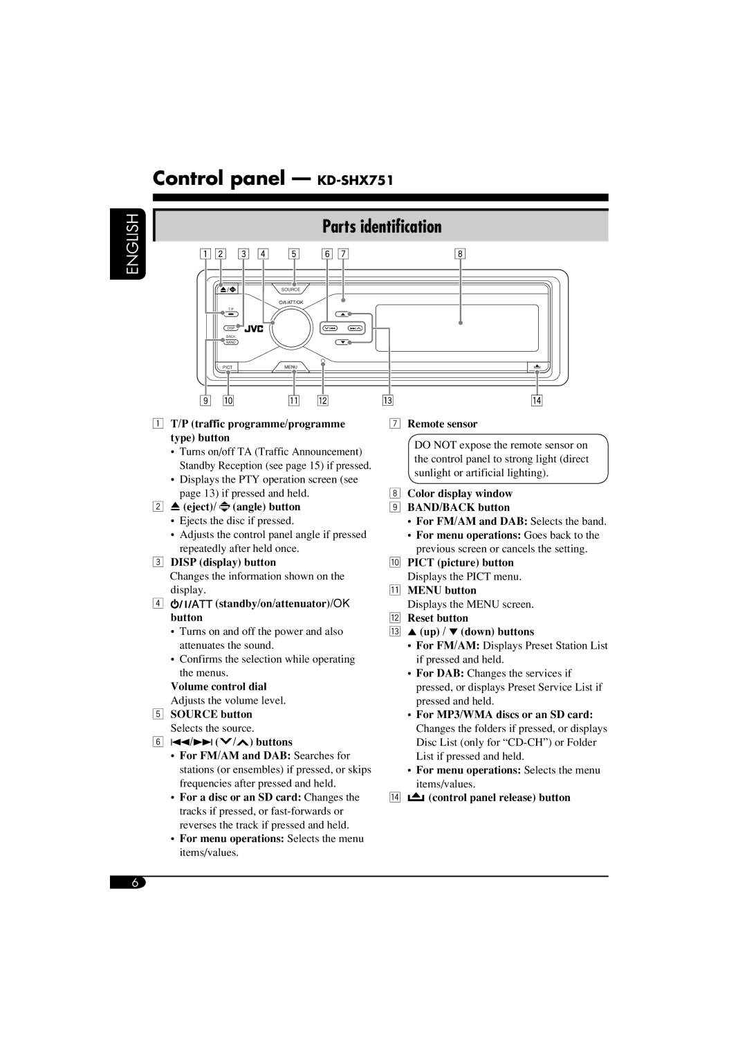 JVC LVT1311-003A manual Control panel KD-SHX751, Parts identification 