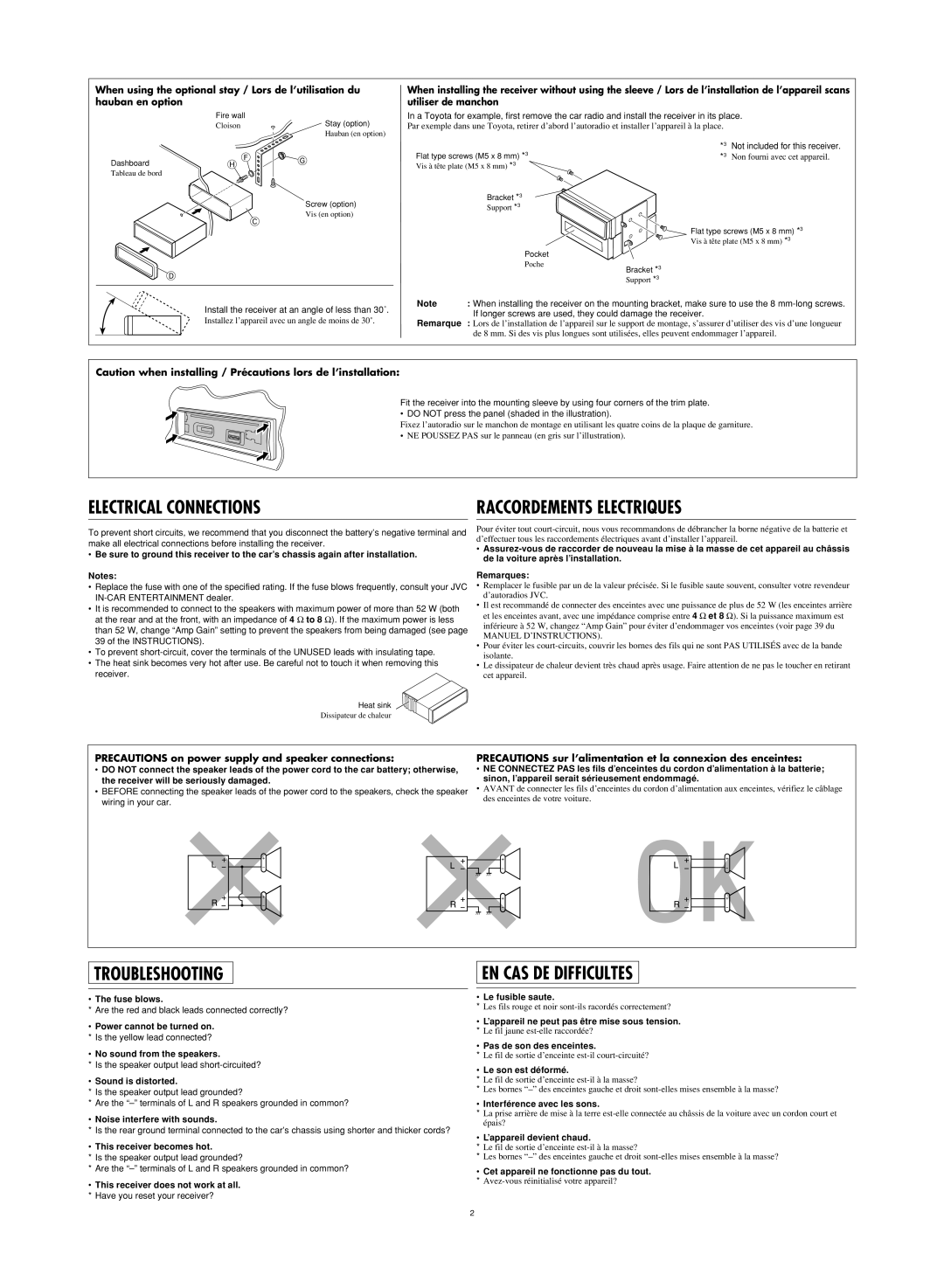 JVC LVT1311-003A manual Precautions on power supply and speaker connections 