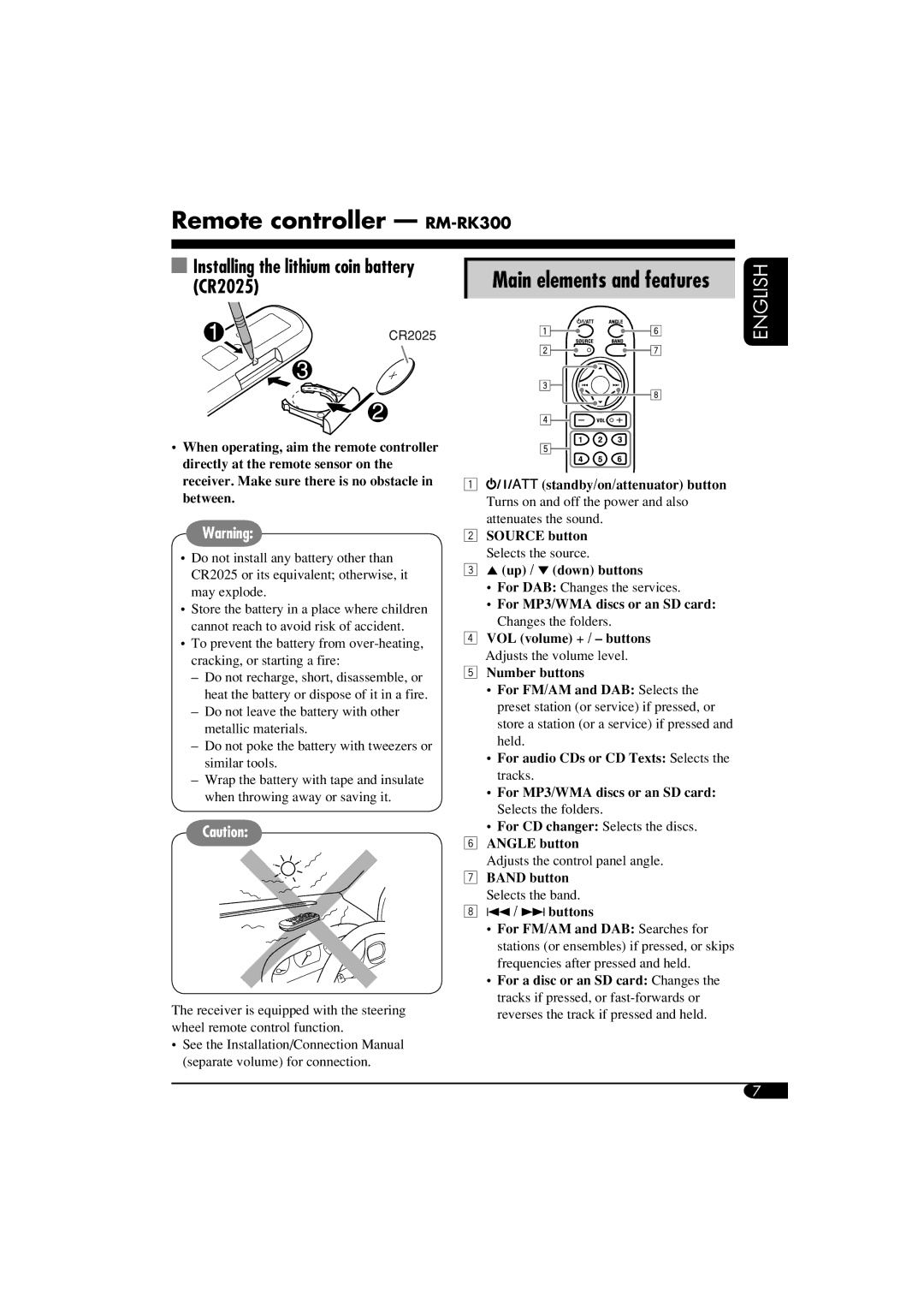 JVC LVT1311-003A manual Remote controller RM-RK300, Installing the lithium coin battery, CR2025, Main elements and features 