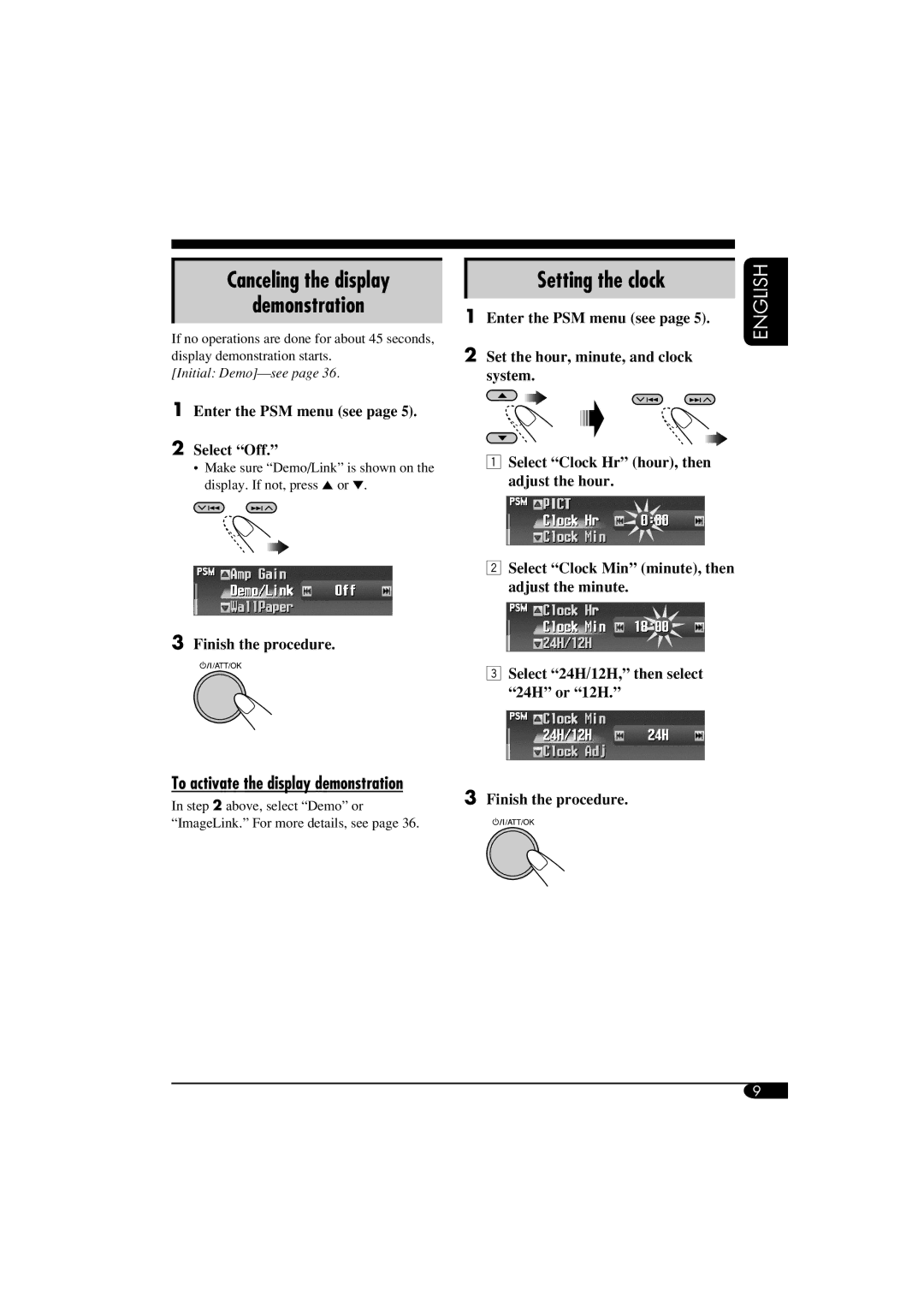 JVC LVT1311-003A manual Canceling the display Demonstration, Setting the clock, Enter the PSM menu see Select Off 