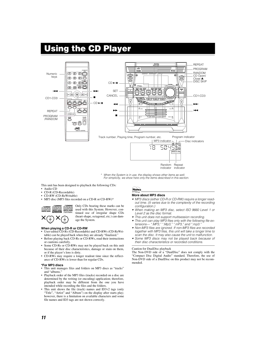 JVC SP-MXKC4, LVT1343-006A manual Using the CD Player, When playing a CD-R or CD-RW, For MP3 discs, More about MP3 discs 