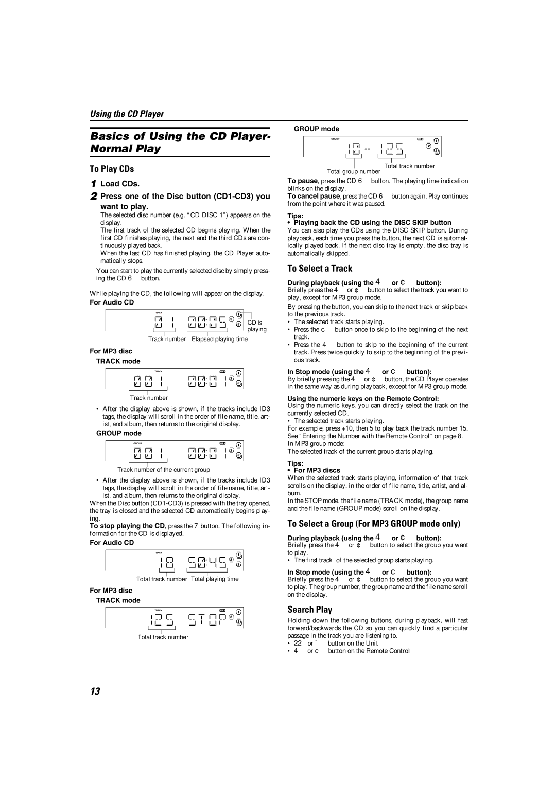 JVC LVT1343-006A, SP-MXKC4 manual Basics of Using the CD Player- Normal Play, To Play CDs, To Select a Track, Search Play 