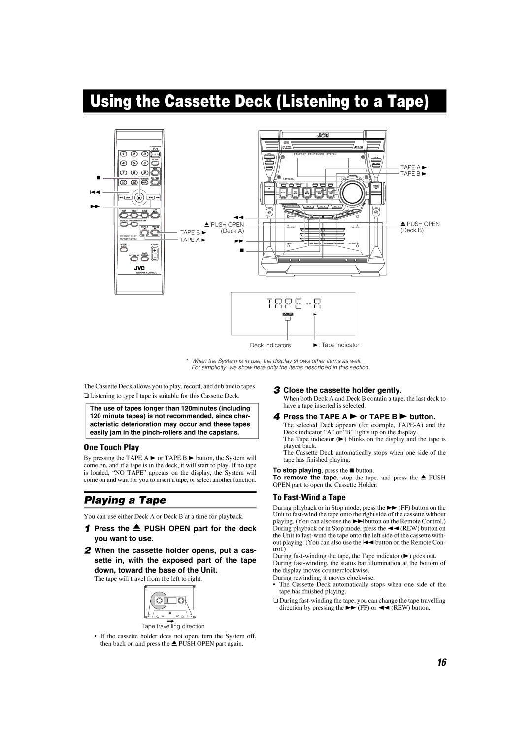 JVC LVT1343-006A, SP-MXKC4, 0205NYMCREBET Using the Cassette Deck Listening to a Tape, Playing a Tape, To Fast-Wind a Tape 