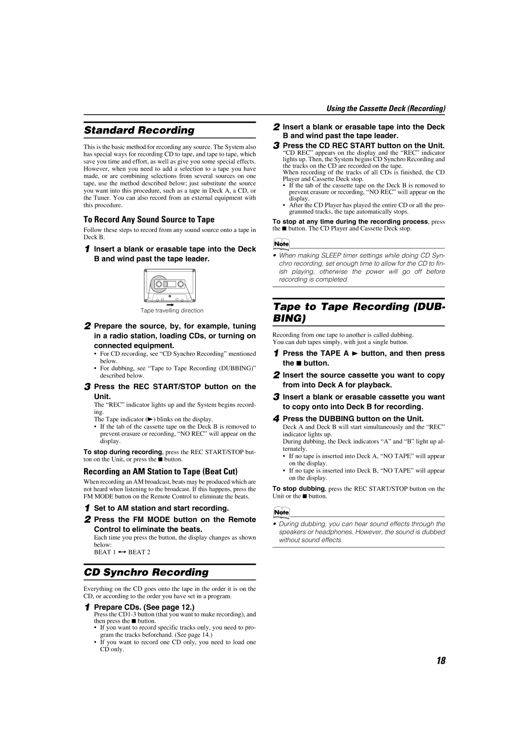 JVC 0205NYMCREBET, LVT1343-006A, SP-MXKC4 manual Standard Recording, CD Synchro Recording, Tape to Tape Recording DUB- Bing 