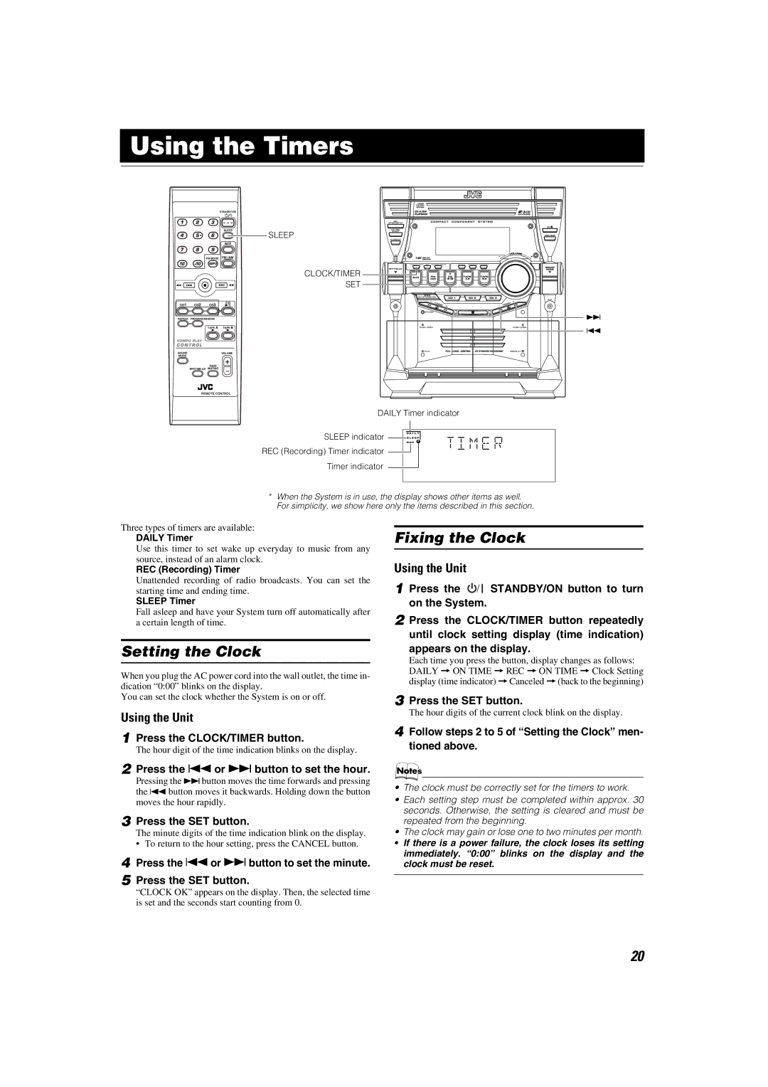 JVC SP-MXKC4, LVT1343-006A manual Using the Timers, Setting the Clock, Fixing the Clock, Press the CLOCK/TIMER button 