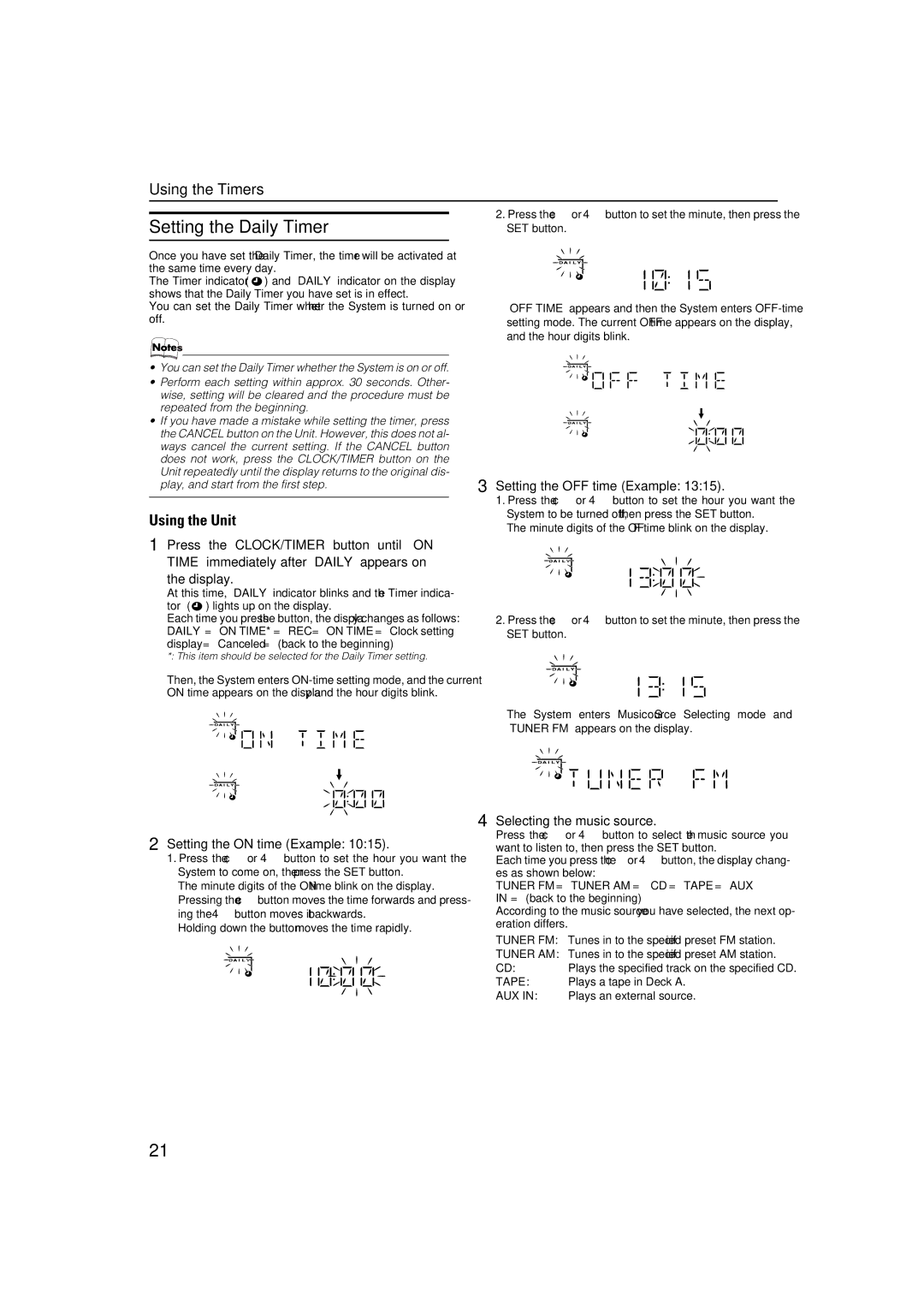 JVC 0205NYMCREBET, LVT1343-006A manual Setting the Daily Timer, Setting the OFF time Example, Setting the on time Example 