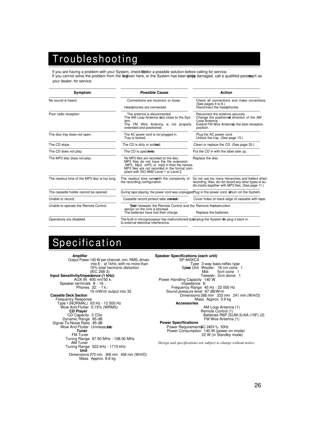 JVC SP-MXKC4, LVT1343-006A, 0205NYMCREBET manual Troubleshooting, Specification 