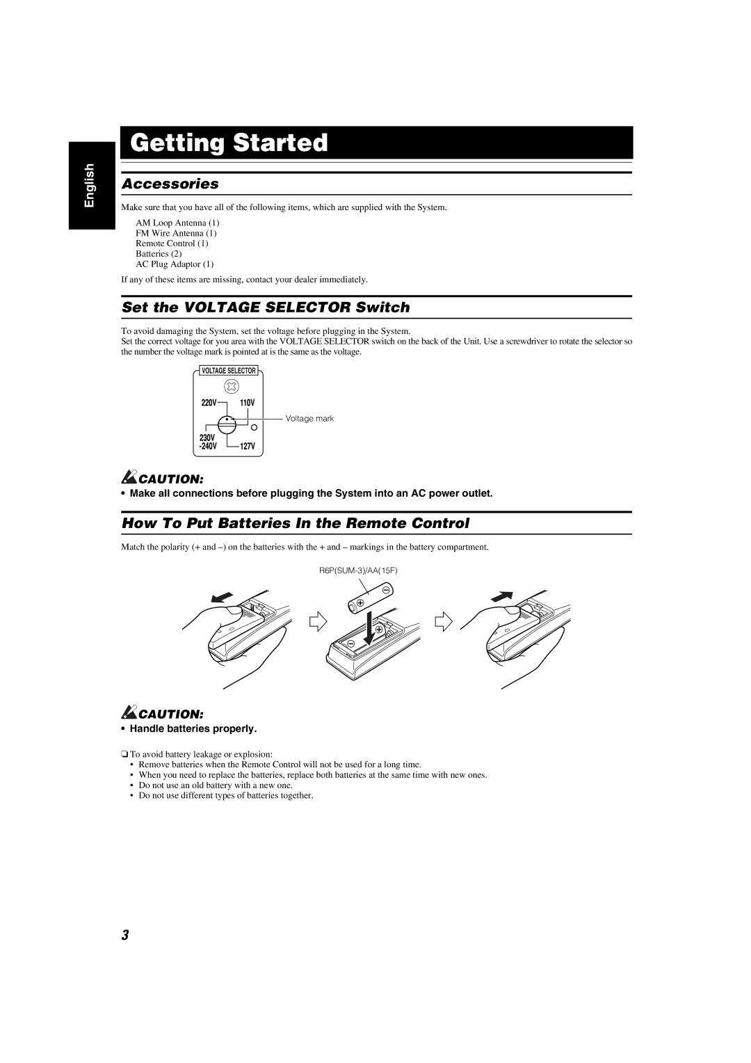 JVC 0205NYMCREBET, LVT1343-006A, SP-MXKC4 manual Getting Started, Set the Voltage Selector Switch 