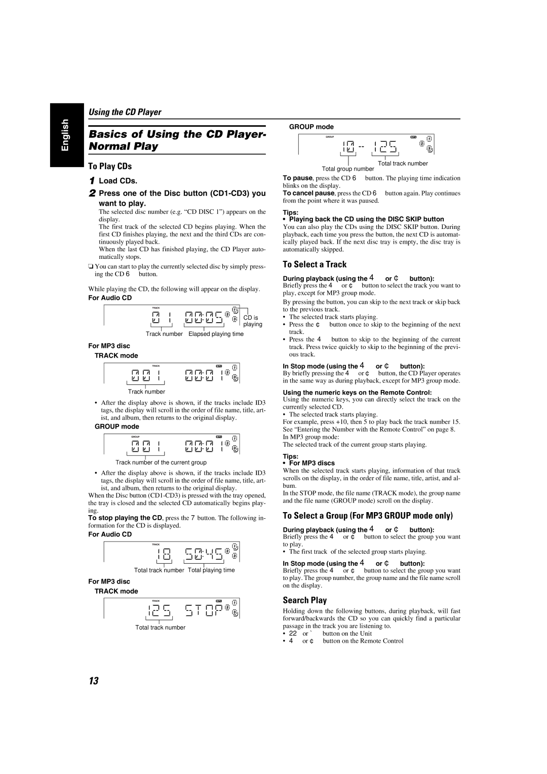 JVC LVT1343-006A, SP-MXKC4, 0205NYMCREBET manual Basics of Using the CD Player Normal Play, To Play CDs 