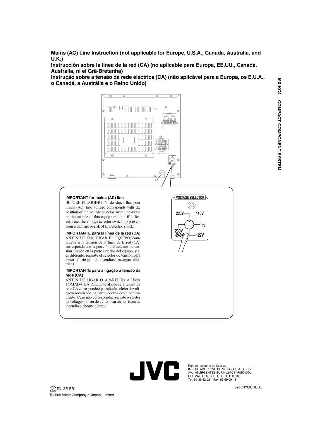 JVC 0205NYMCREBET, LVT1343-006A, SP-MXKC4 manual Importante para a ligação à tensão da rede CA, En, Sp, Pr 