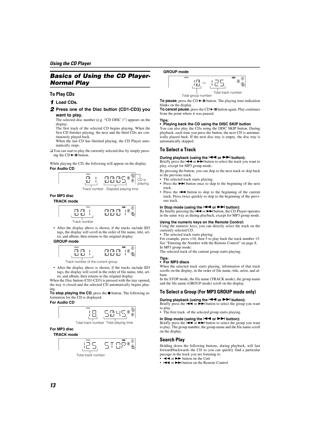 JVC 0205NYMCREBET, LVT1343-006A, SP-MXKC4 manual Basics of Using the CD Player- Normal Play 