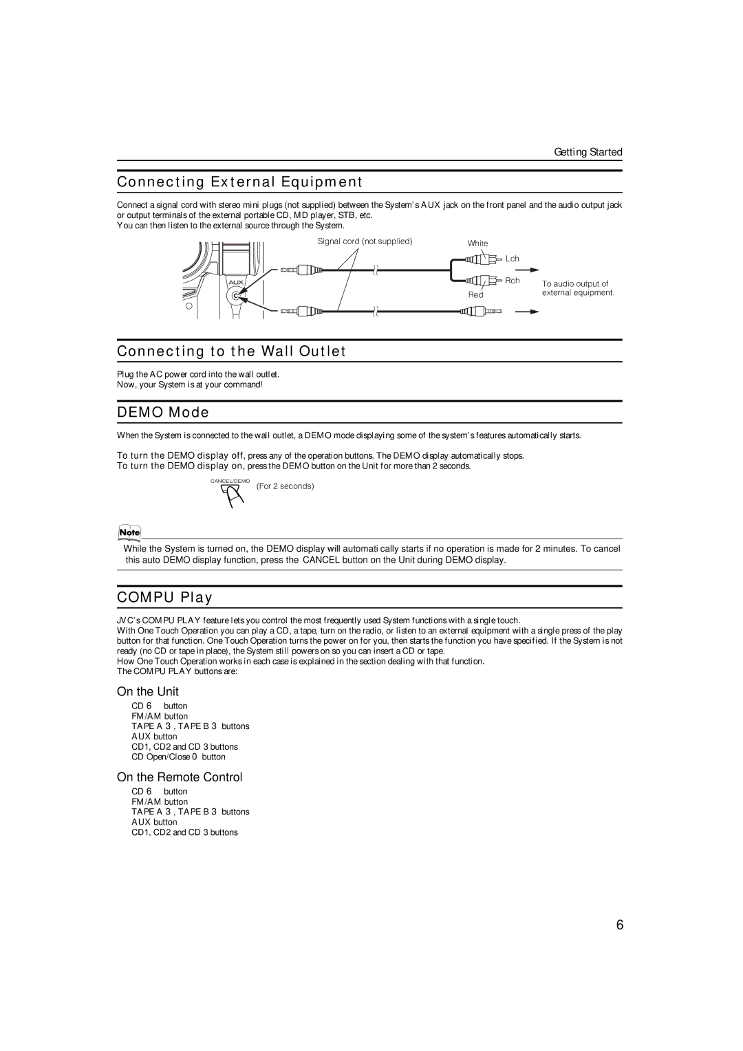 JVC 0205NYMCREBET, LVT1343-006A manual Connecting External Equipment, Connecting to the Wall Outlet, Demo Mode, Compu Play 