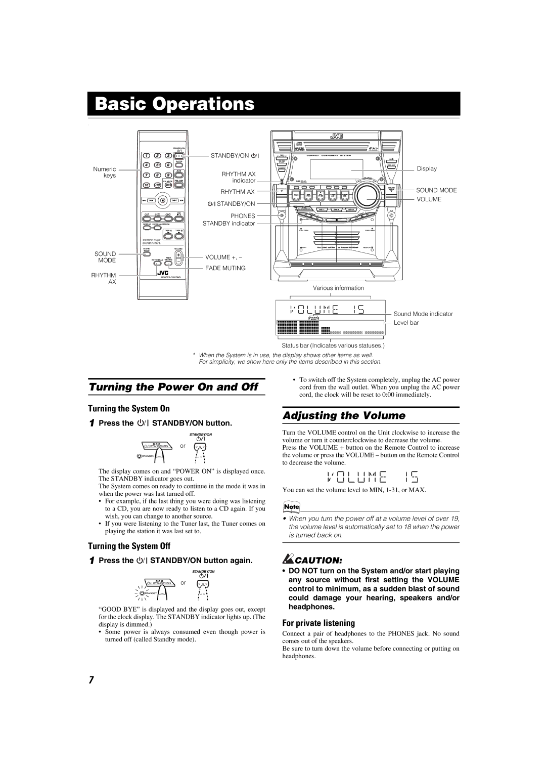 JVC LVT1343-006A, SP-MXKC4, 0205NYMCREBET manual Basic Operations, Turning the Power On and Off, Adjusting the Volume 