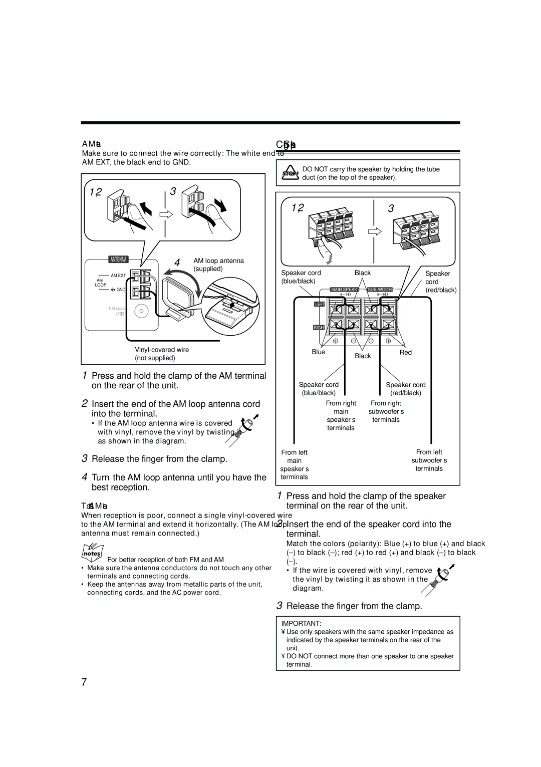 JVC SP-MXGC5, LVT1344-003A, 0405MWMMDWBET manual Connecting Speakers, Release the finger from the clamp, AM antenna 