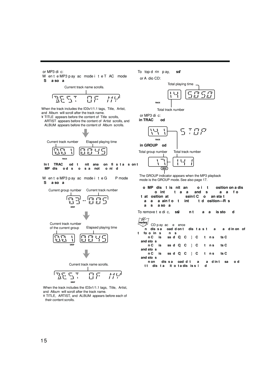 JVC LVT1344-003A, SP-MXGC5, 0405MWMMDWBET To stop during play, press For Audio CD, For MP3 disc, Track mode, Group mode 