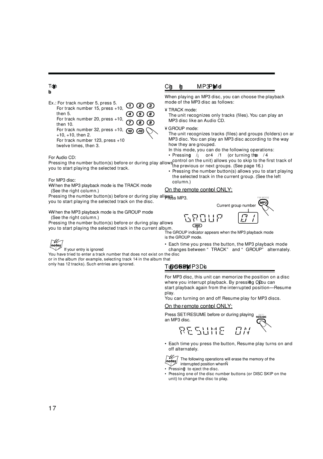 JVC 0405MWMMDWBET, LVT1344-003A, SP-MXGC5 Changing the MP3 Playback Mode, Turning On or Off the Resume Play for MP3 Disc 