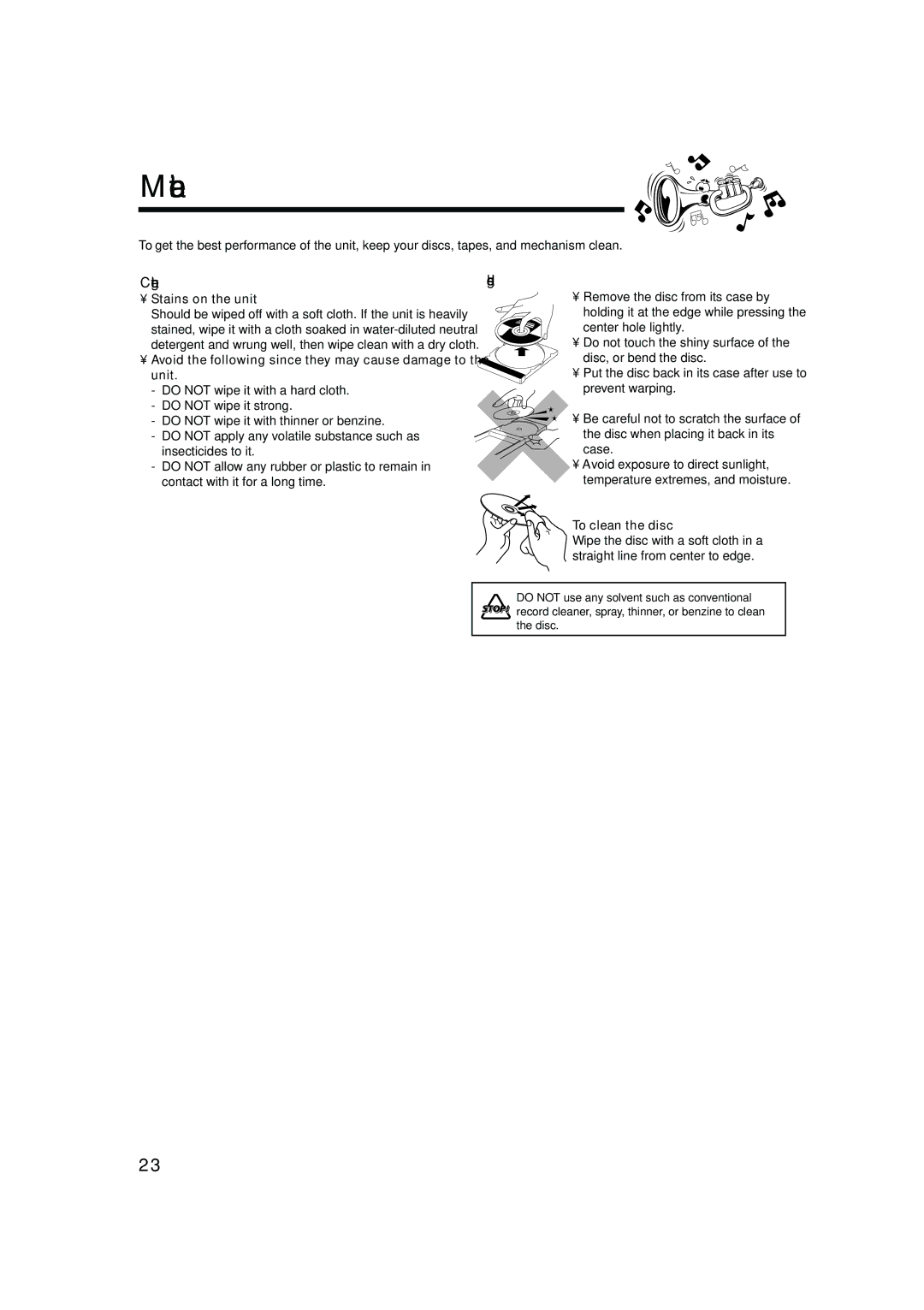 JVC 0405MWMMDWBET, LVT1344-003A, SP-MXGC5 manual Maintenance, Cleaning the unit, Handling discs 