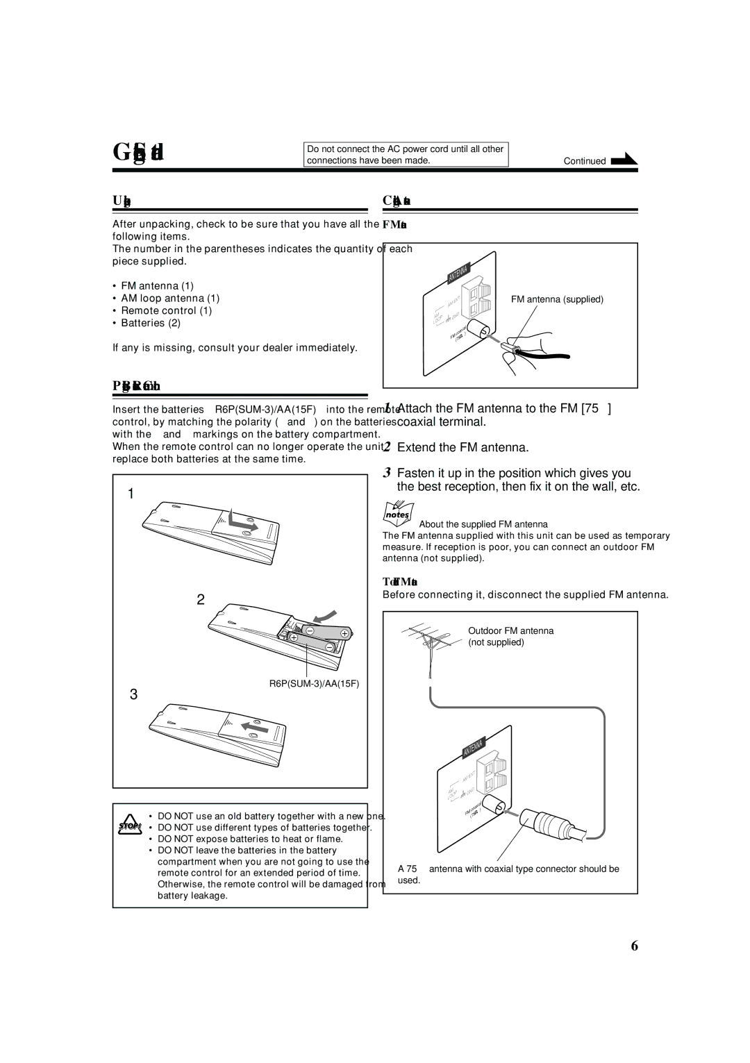 JVC LVT1344-003A, SP-MXGC5 manual Getting Started, Unpacking, Connecting Antennas, To connect an outdoor FM antenna 