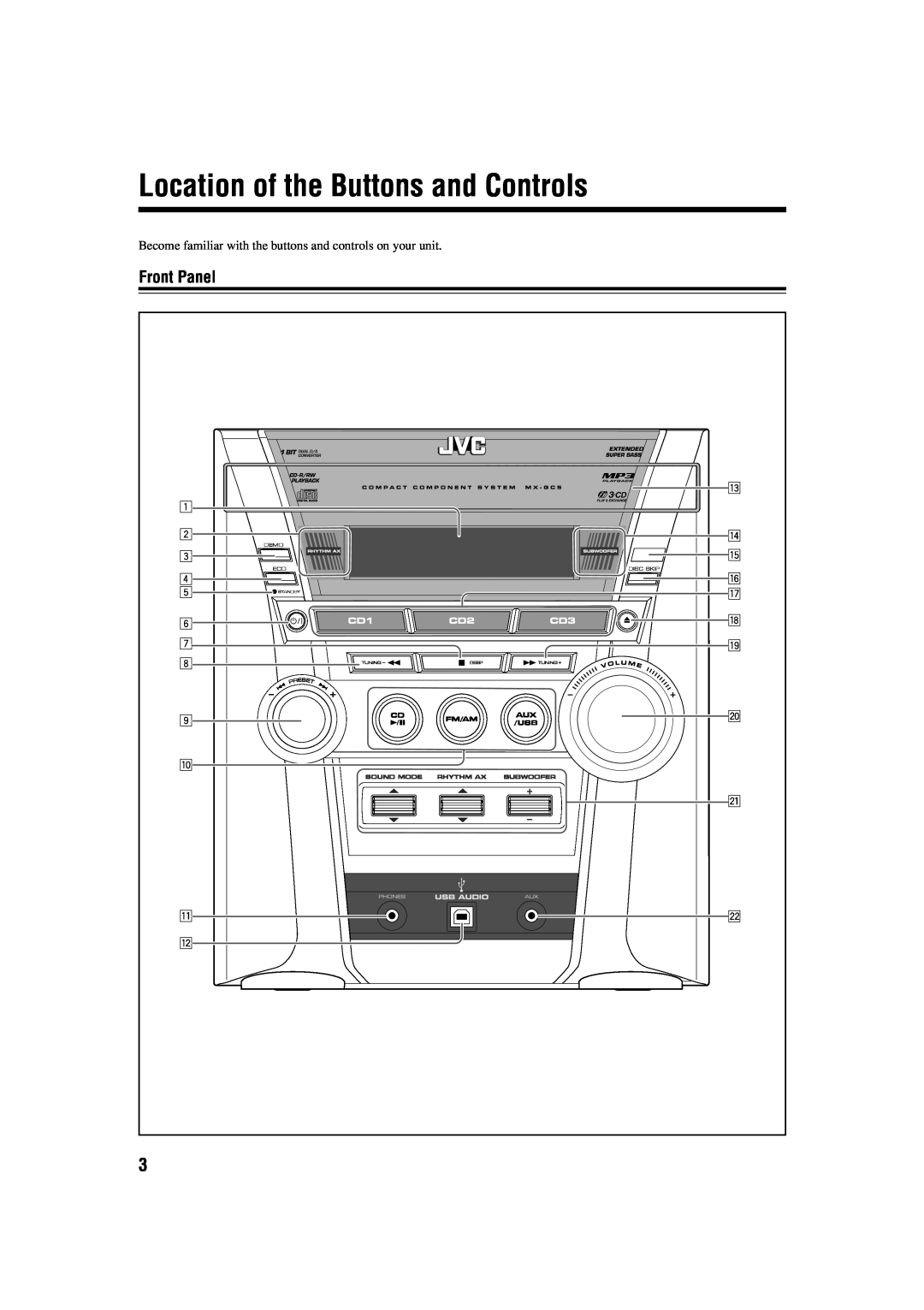 JVC LVT1344-003A, SP-MXGC5, 0405MWMMDWBET manual Location of the Buttons and Controls, Front Panel 