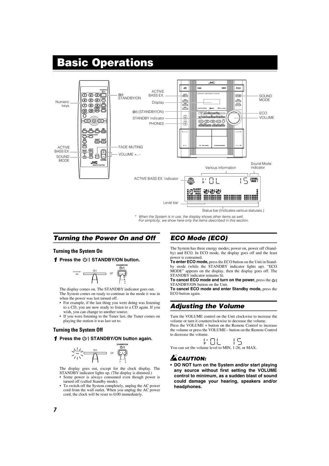 JVC LVT1346-002A manual Basic Operations, Turning the Power On and Off, ECO Mode ECO, Adjusting the Volume 