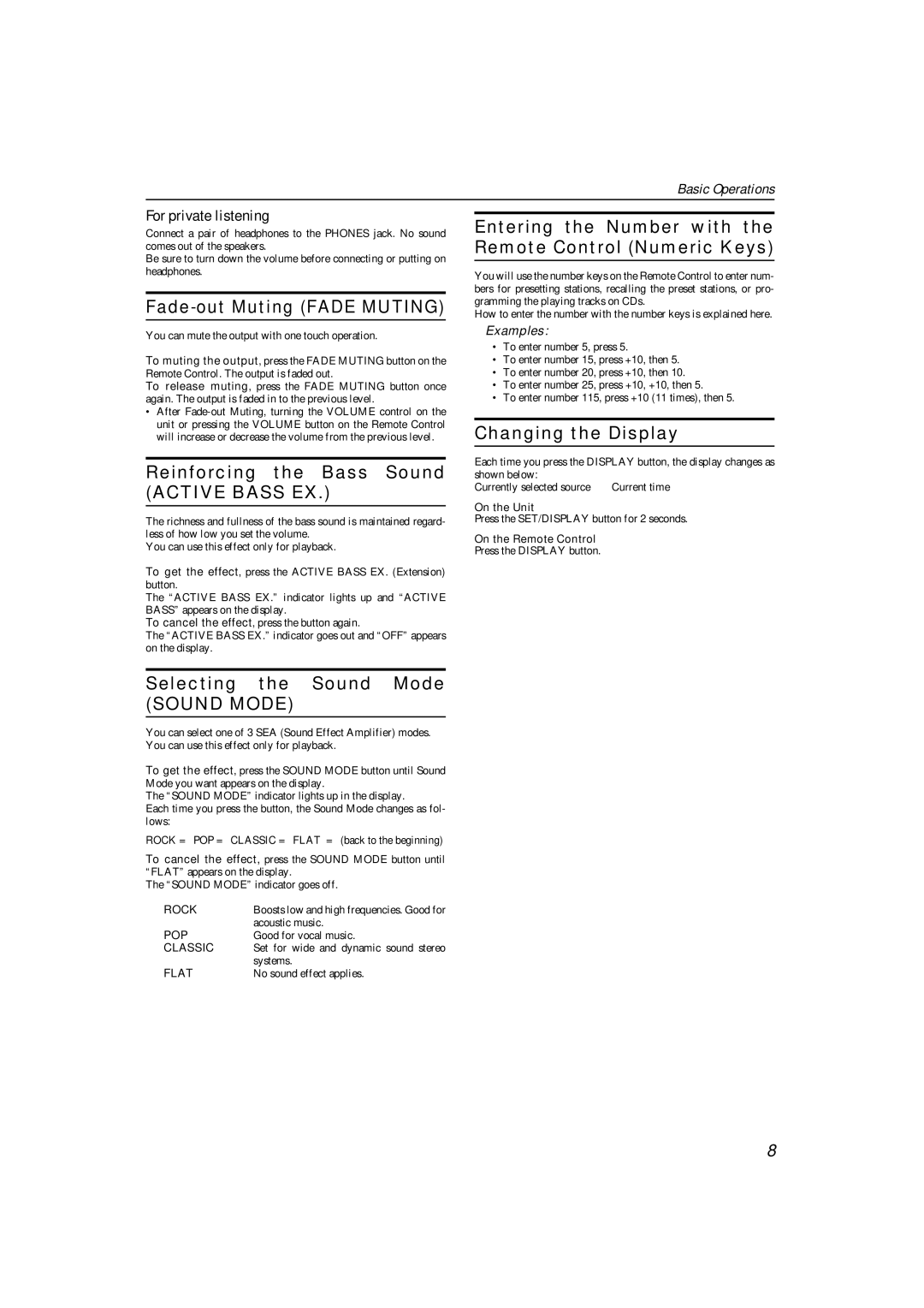 JVC LVT1346-002A manual Fade-out Muting Fade Muting, Reinforcing the Bass Sound Active Bass EX, Selecting the Sound Mode 