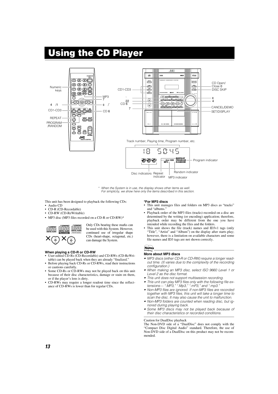 JVC LVT1346-002A manual Using the CD Player, When playing a CD-R or CD-RW, For MP3 discs, More about MP3 discs 