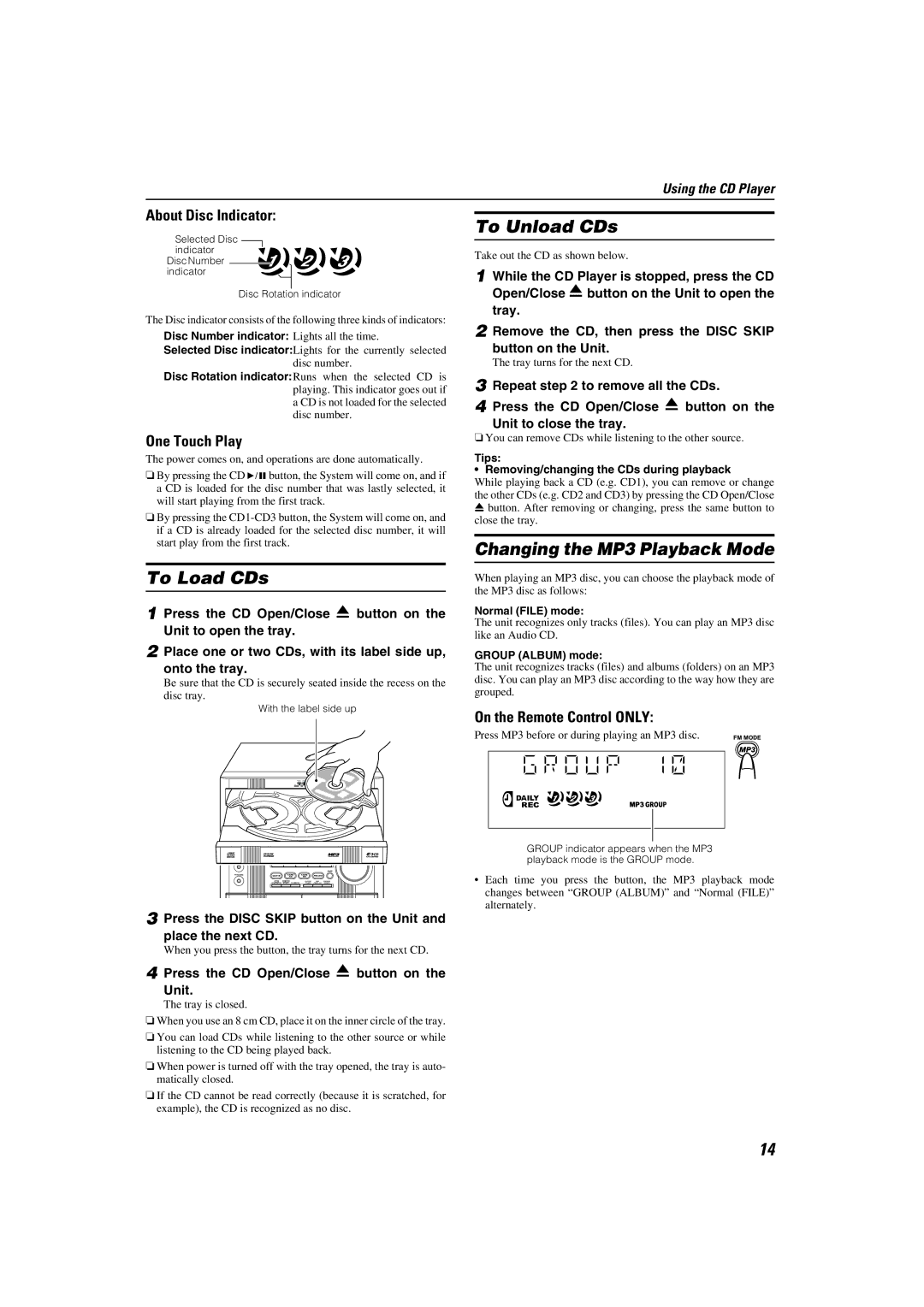 JVC LVT1346-002A manual To Load CDs, To Unload CDs, Changing the MP3 Playback Mode 