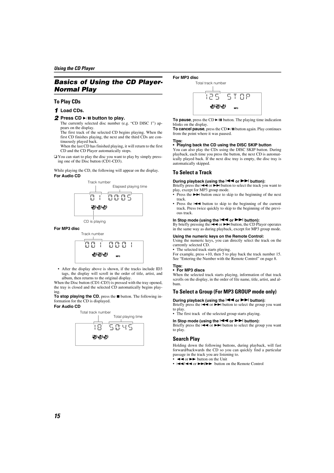 JVC LVT1346-002A manual Basics of Using the CD Player- Normal Play, To Play CDs, To Select a Track, Search Play 