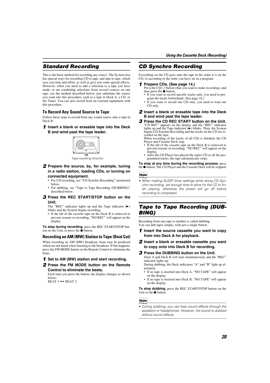 JVC LVT1346-002A manual Standard Recording, CD Synchro Recording, Tape to Tape Recording DUB- Bing 