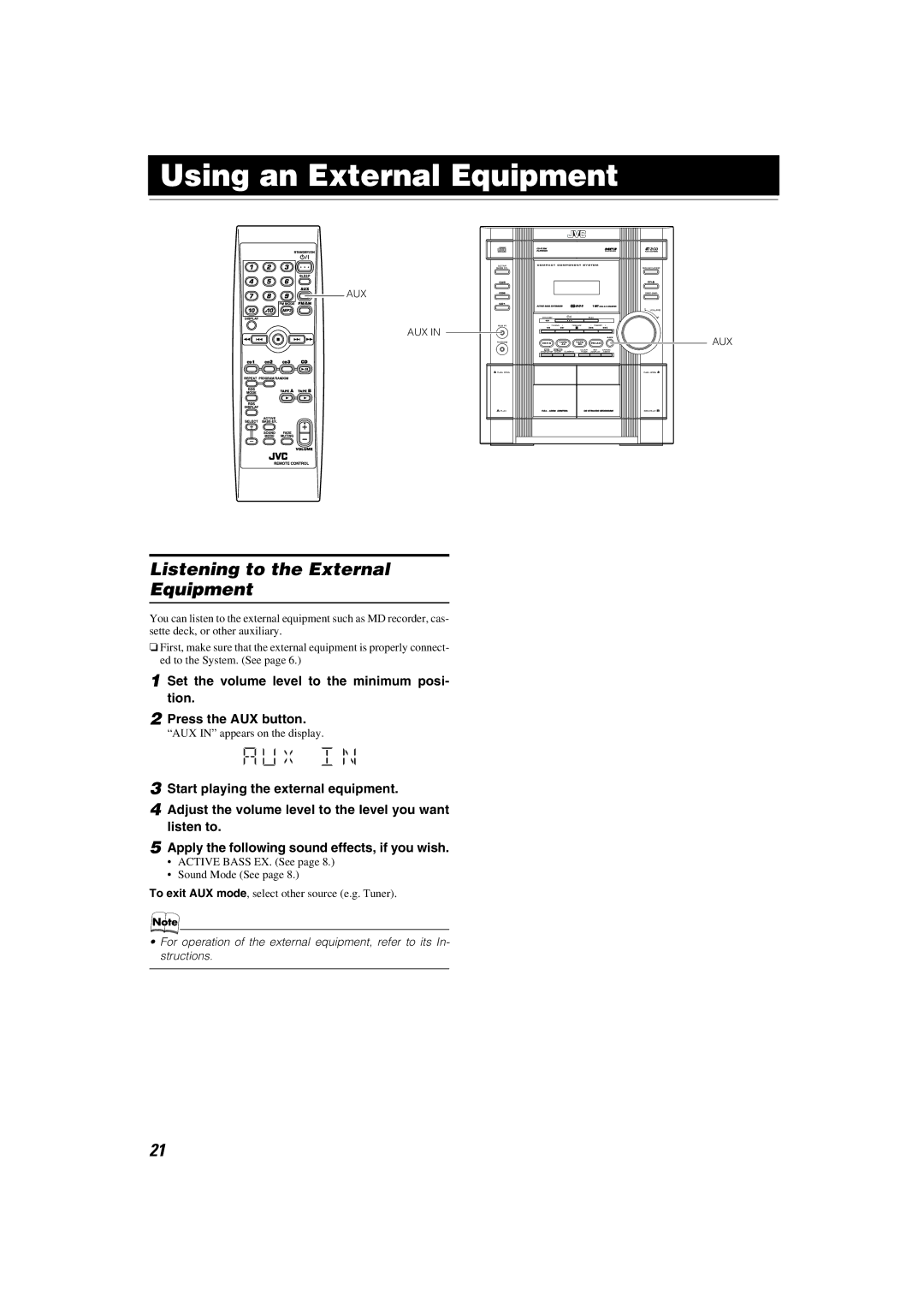 JVC LVT1346-002A manual Using an External Equipment, Listening to the External Equipment, Aux 