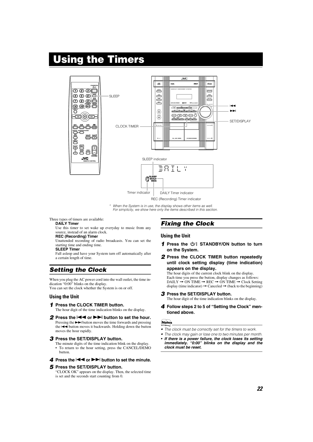 JVC LVT1346-002A manual Using the Timers, Setting the Clock, Fixing the Clock 