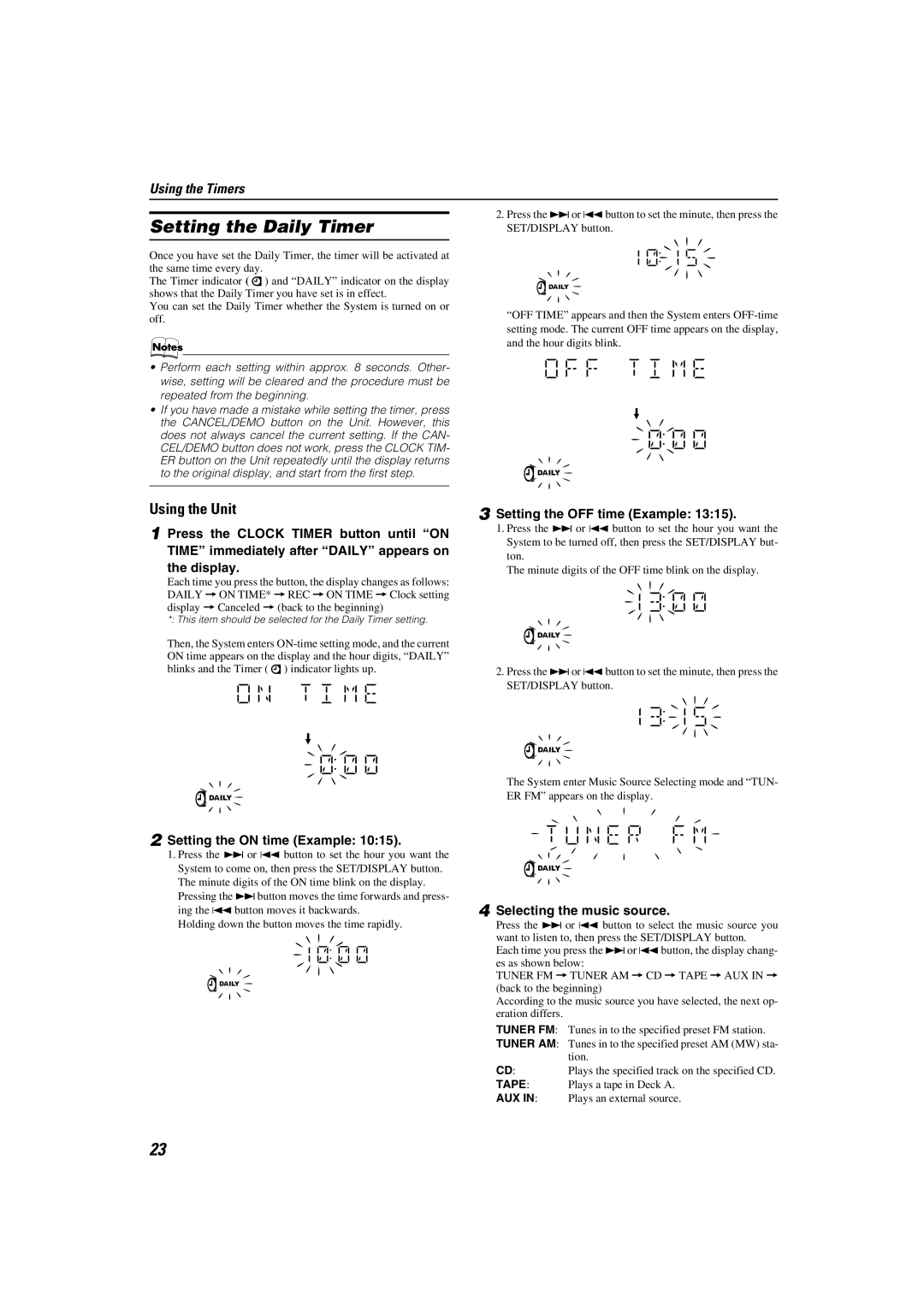 JVC LVT1346-002A manual Setting the Daily Timer, Setting the OFF time Example, Setting the on time Example 