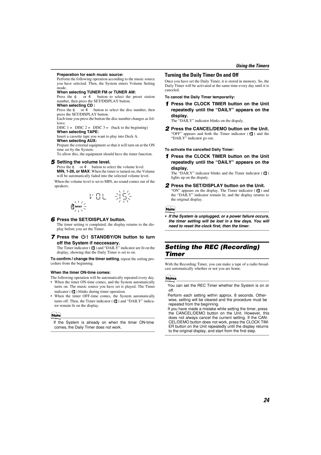 JVC LVT1346-002A manual Setting the REC Recording Timer, Turning the Daily Timer On and Off, Setting the volume level 