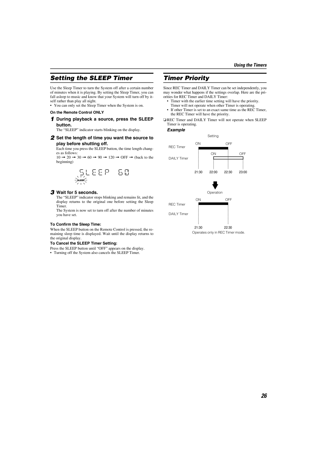 JVC LVT1346-002A manual Setting the Sleep Timer, Timer Priority, During playback a source, press the Sleep button 