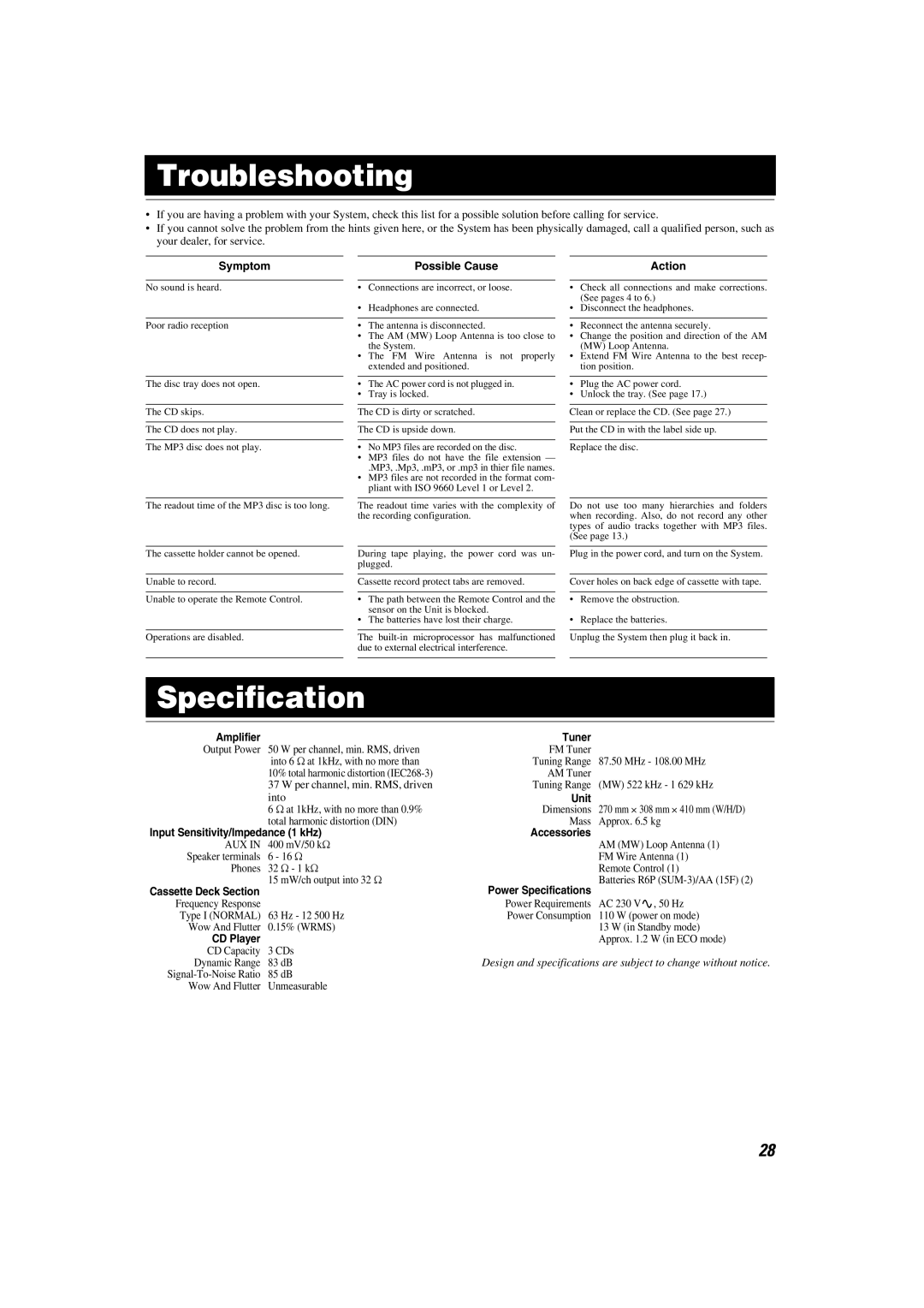 JVC LVT1346-002A manual Troubleshooting, Specification 