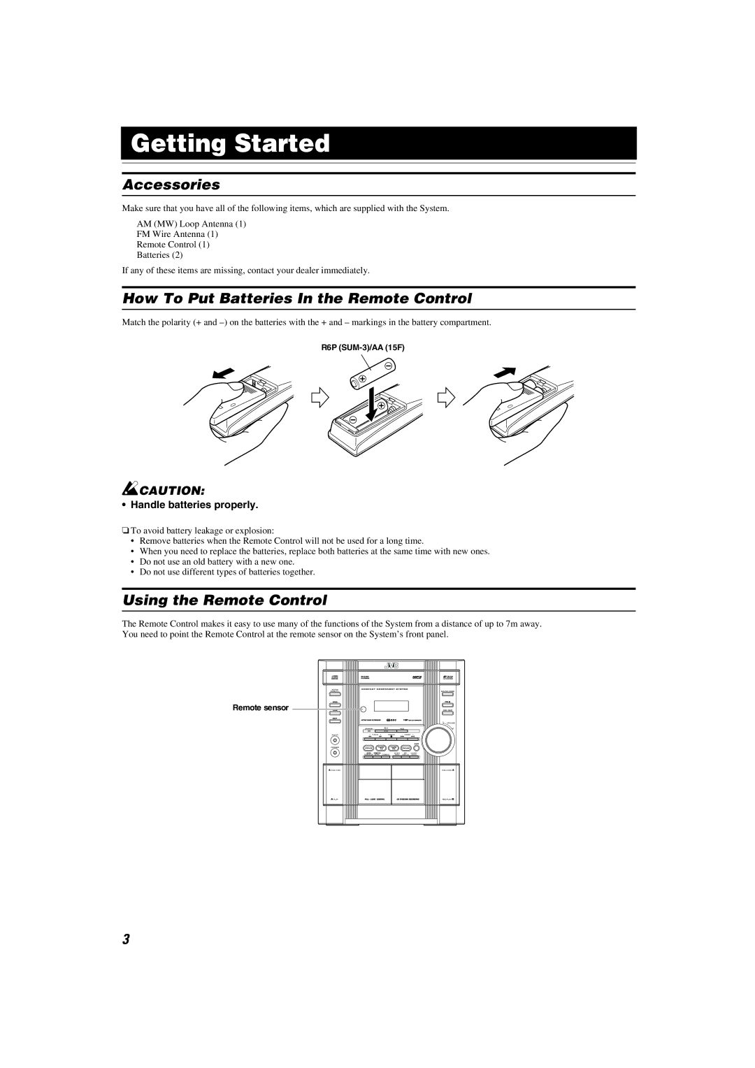 JVC LVT1346-002A manual Getting Started, Accessories, How To Put Batteries In the Remote Control, Using the Remote Control 