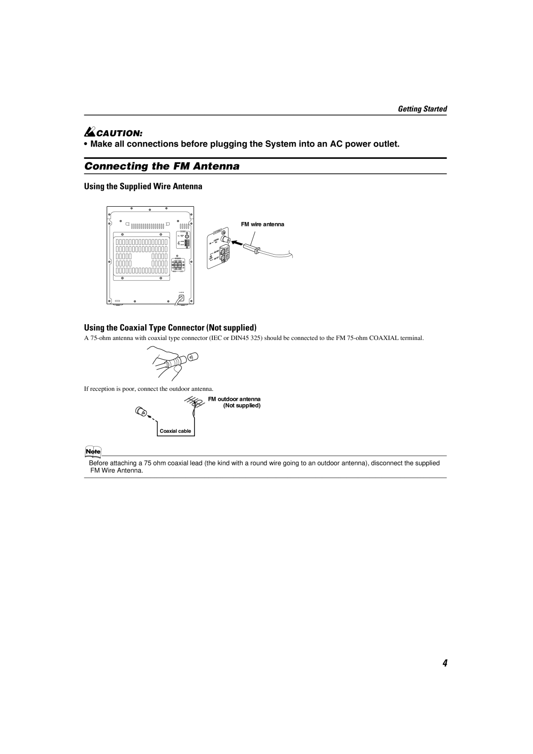 JVC LVT1346-002A Connecting the FM Antenna, Using the Supplied Wire Antenna, Using the Coaxial Type Connector Not supplied 