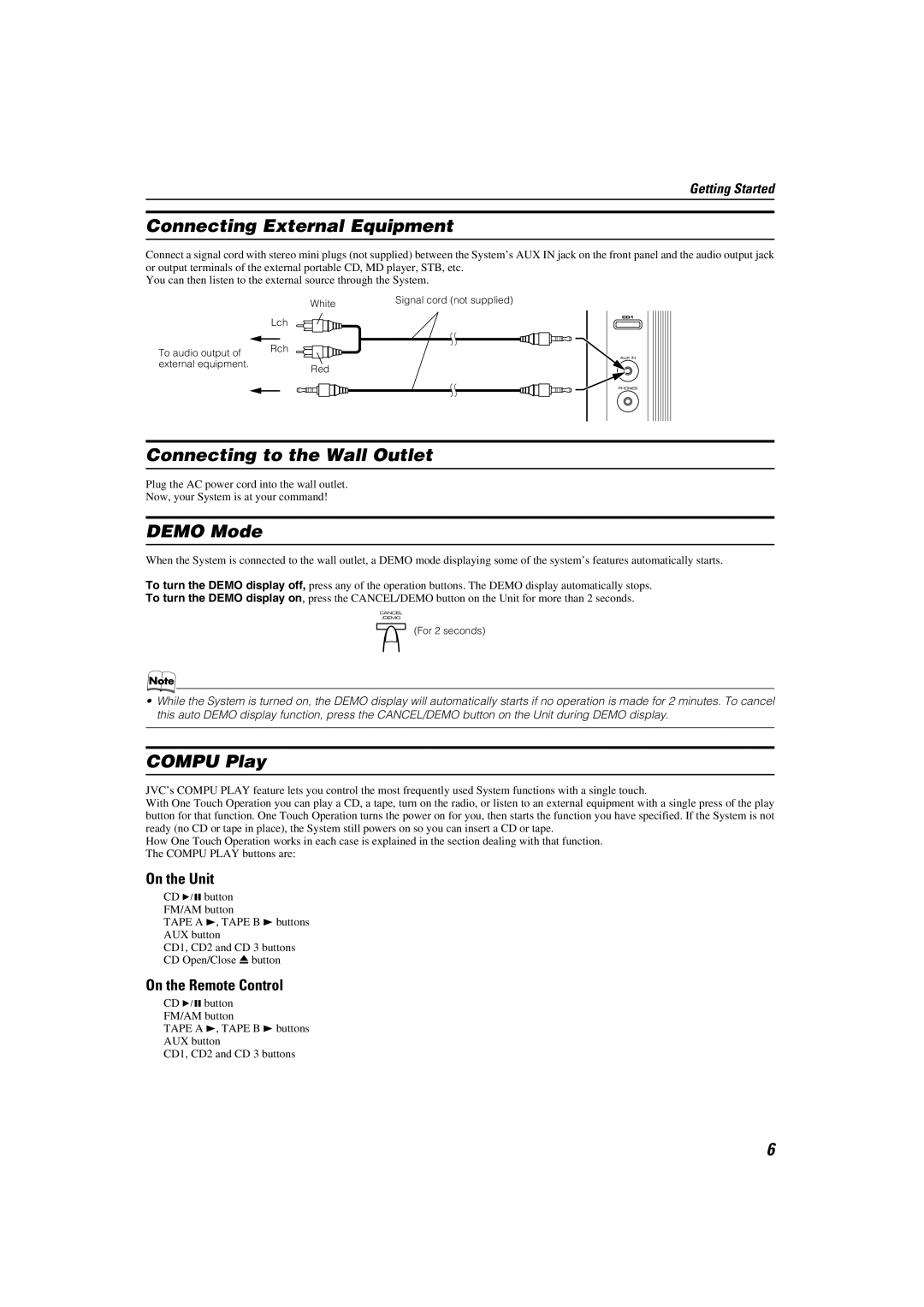 JVC LVT1346-002A manual Connecting External Equipment, Connecting to the Wall Outlet, Demo Mode, Compu Play 