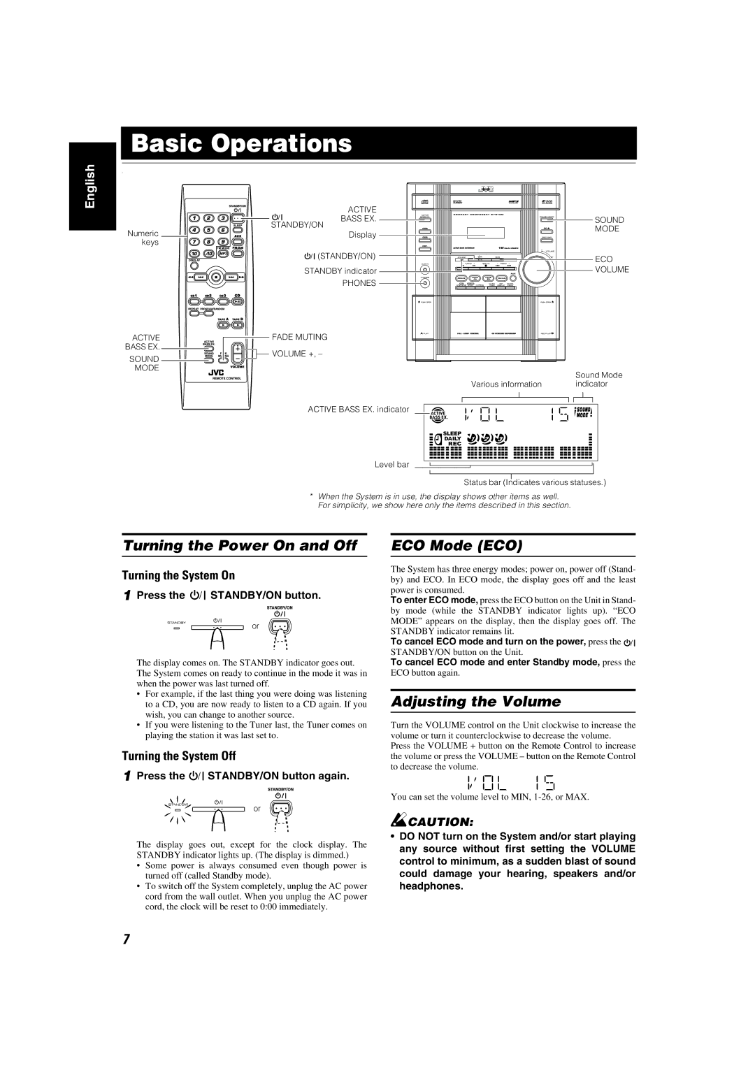 JVC SP-MXKC2, LVT1346-006A manual Basic Operations, Turning the Power On and Off, ECO Mode ECO, Adjusting the Volume 