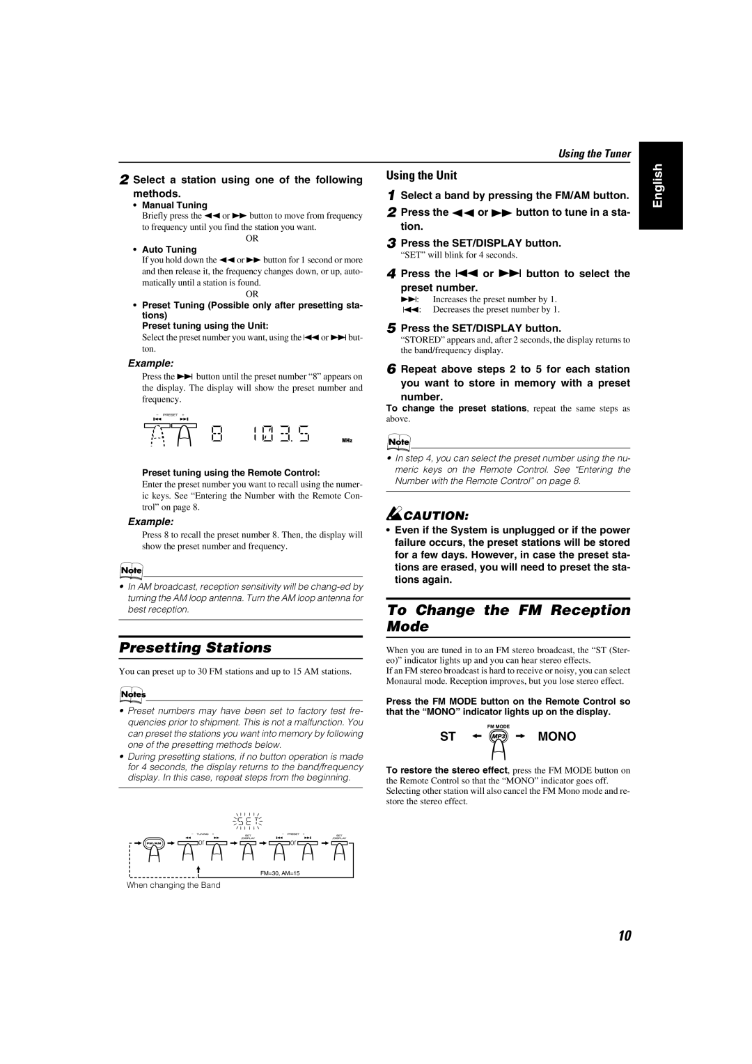 JVC SP-MXKC2, LVT1346-006A, 0505NYMCREBET manual Presetting Stations, To Change the FM Reception Mode, Using the Unit 