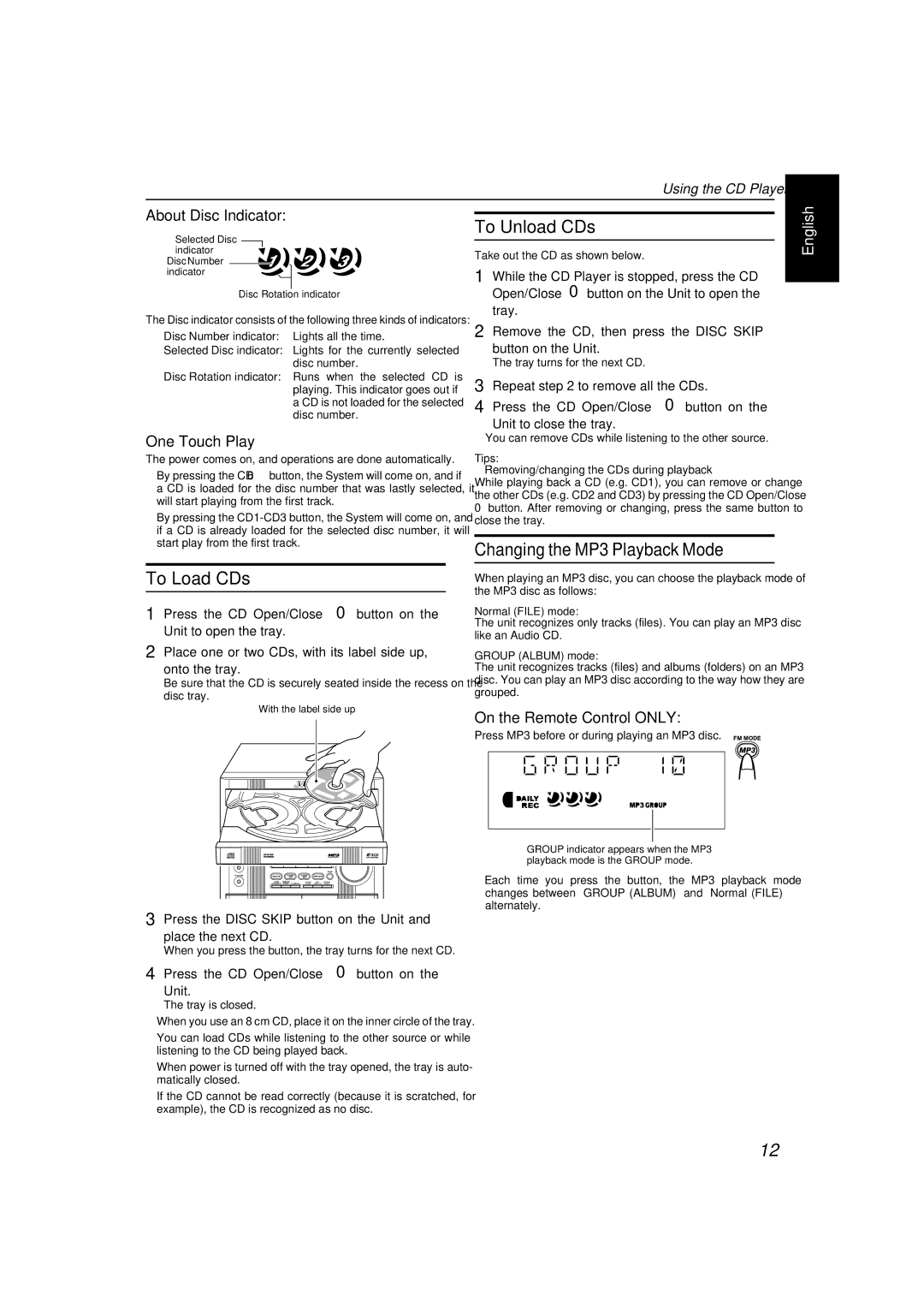 JVC LVT1346-006A, SP-MXKC2 To Load CDs To Unload CDs, Changing the MP3 Playback Mode, About Disc Indicator, One Touch Play 