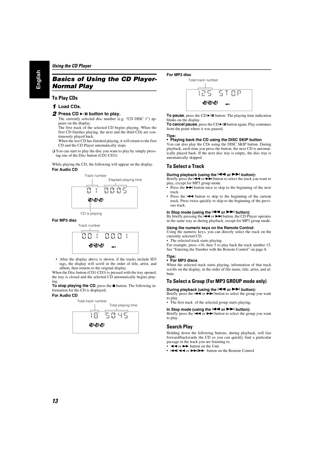 JVC SP-MXKC2, LVT1346-006A manual Basics of Using the CD Player- Normal Play, To Play CDs, To Select a Track, Search Play 