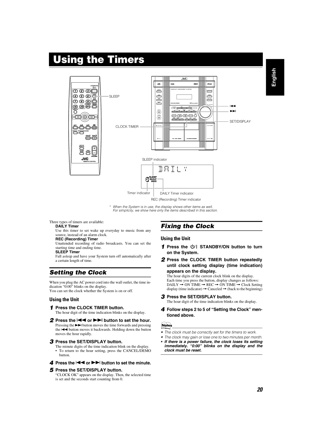 JVC 0505NYMCREBET, LVT1346-006A, SP-MXKC2 manual Using the Timers, Setting the Clock, Fixing the Clock 