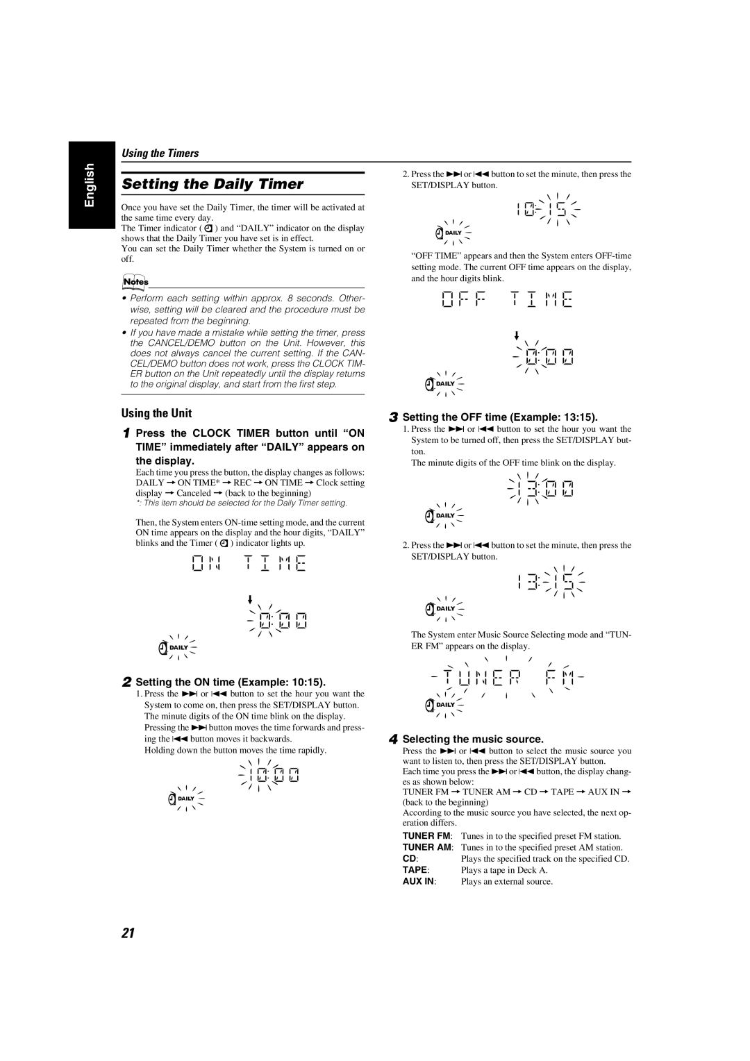 JVC LVT1346-006A, SP-MXKC2 manual Setting the Daily Timer, Setting the OFF time Example, Setting the on time Example 