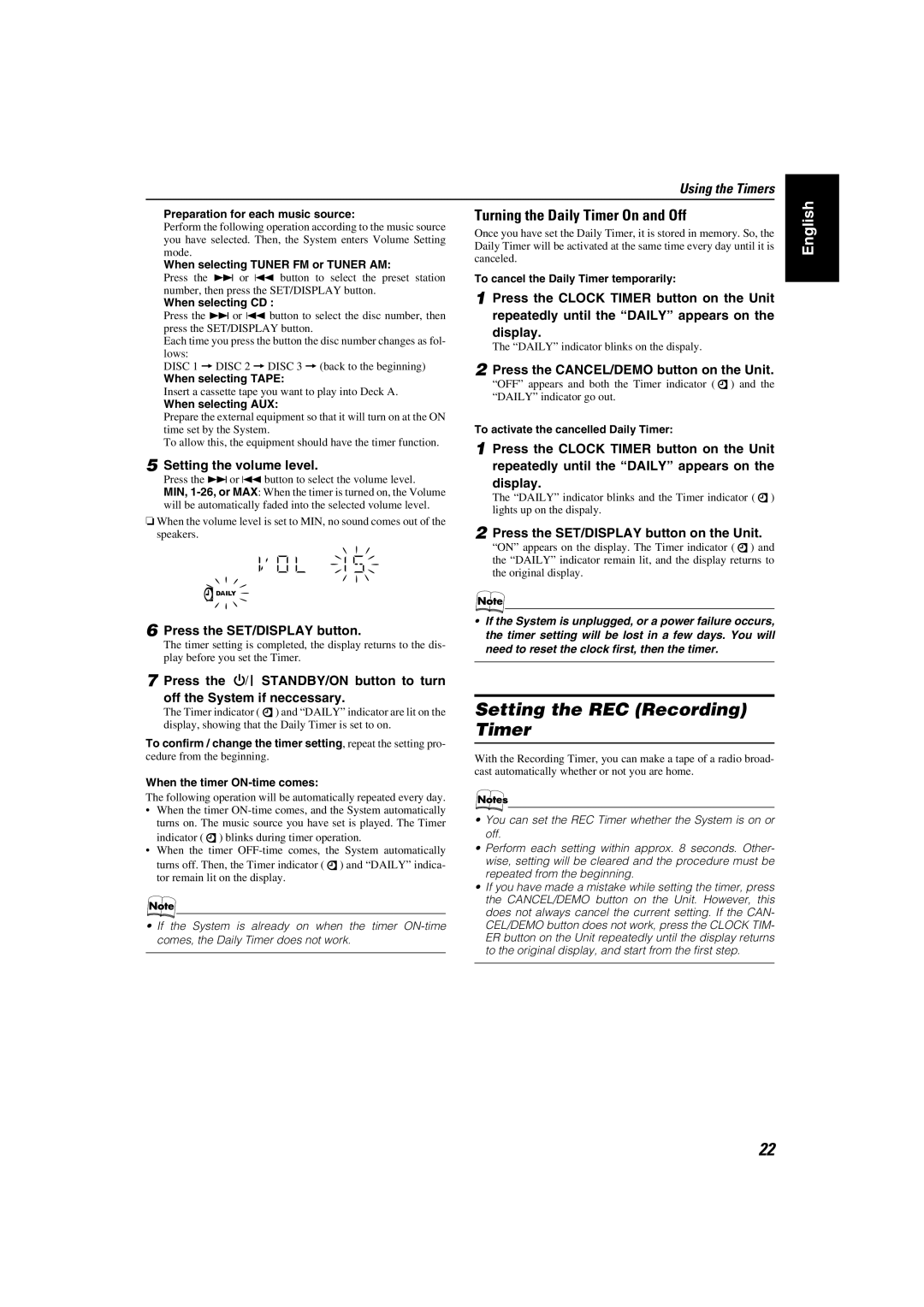 JVC SP-MXKC2, LVT1346-006A, 0505NYMCREBET manual Setting the REC Recording Timer, Turning the Daily Timer On and Off 