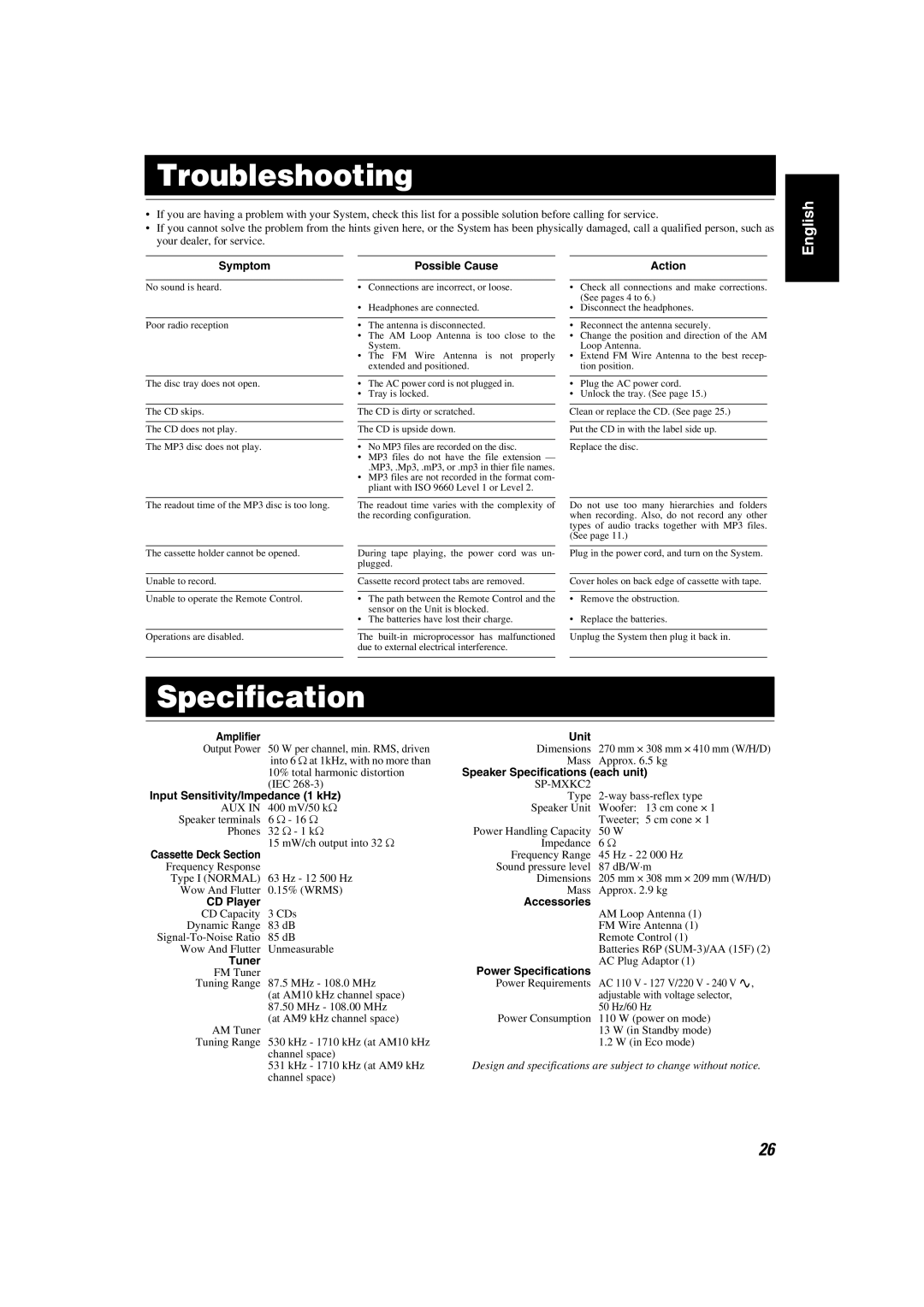 JVC 0505NYMCREBET, LVT1346-006A, SP-MXKC2 manual Troubleshooting, Specification 