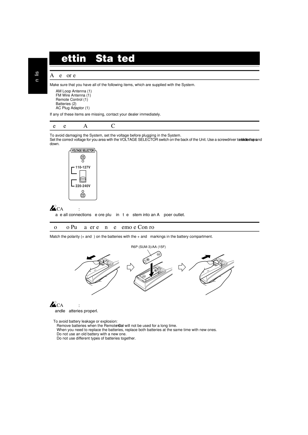 JVC LVT1346-006A Getting Started, Accessories, Set the Voltage Selector Switch, How To Put Batteries In the Remote Control 