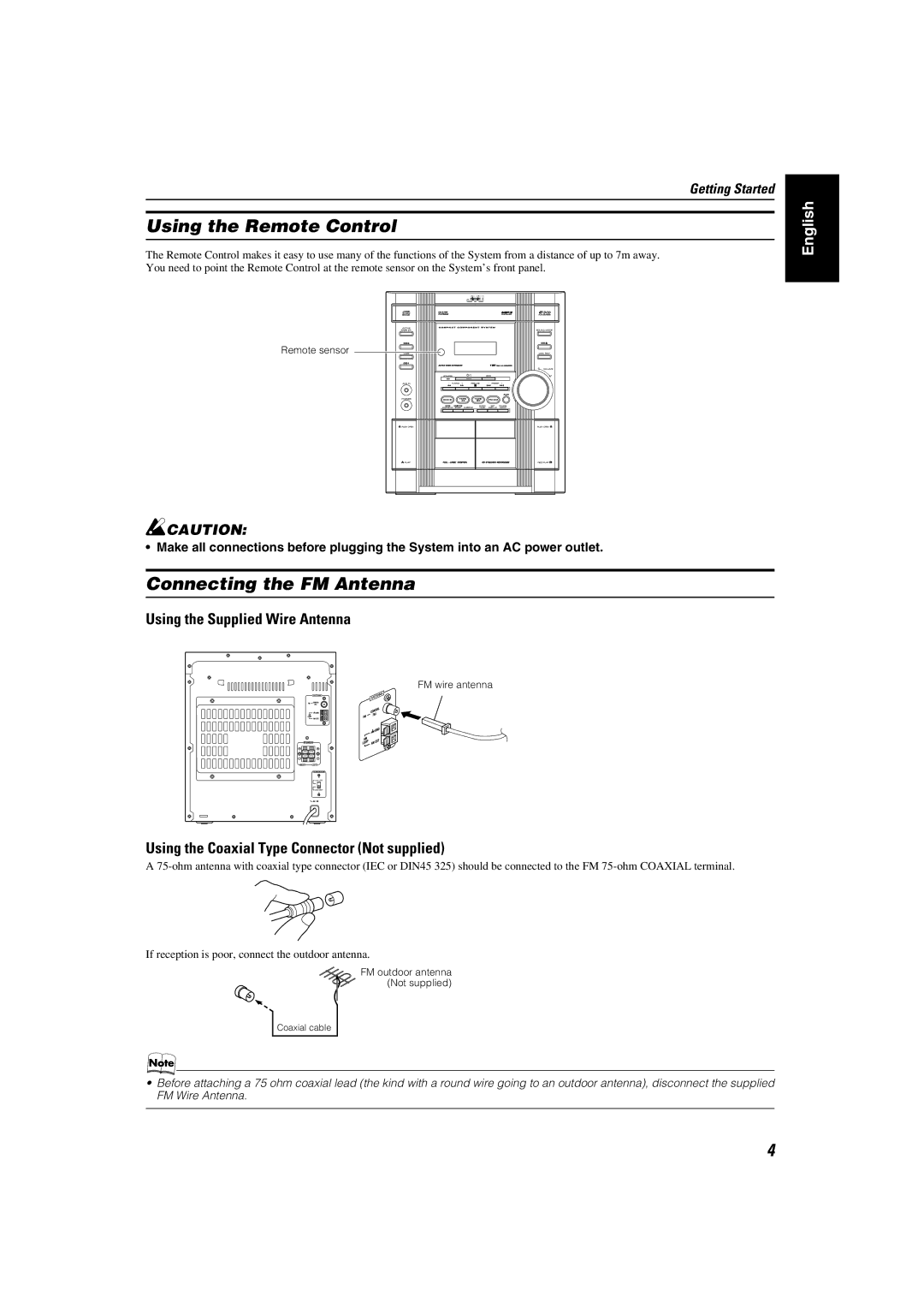 JVC SP-MXKC2, LVT1346-006A manual Using the Remote Control, Connecting the FM Antenna, Using the Supplied Wire Antenna 