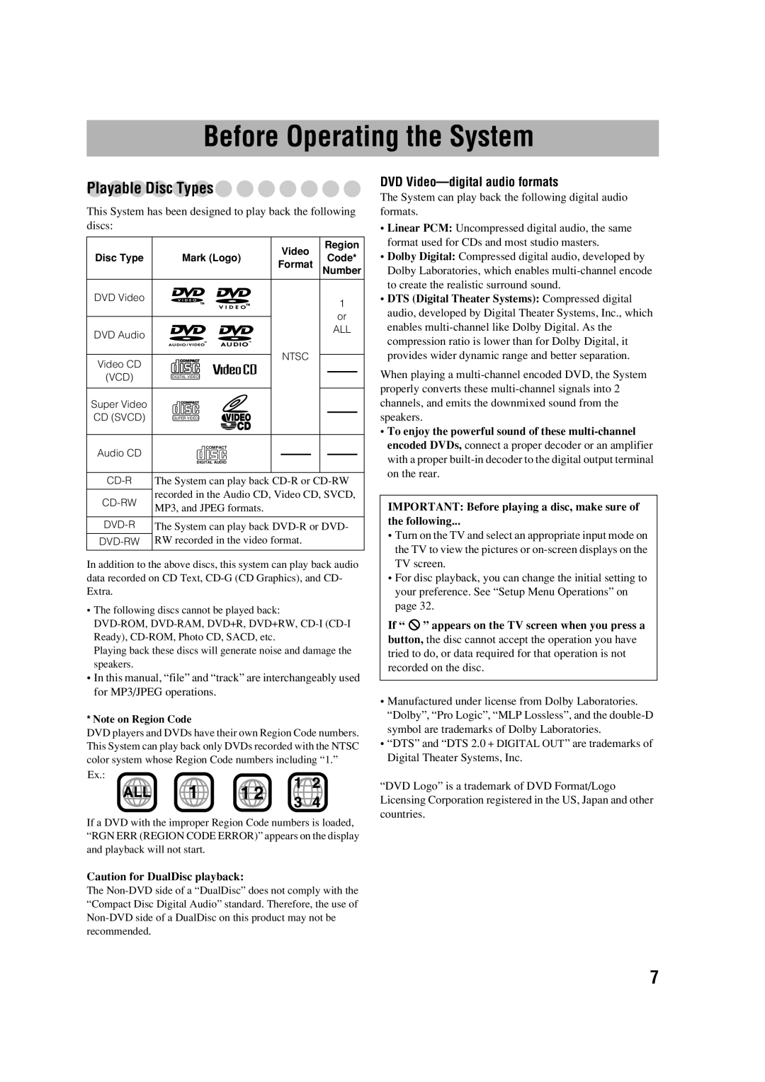 JVC 0305MWMMDWBET, LVT1348-001C Before Operating the System, Playable Disc Types, DVD Video-digital audio formats, Discs 