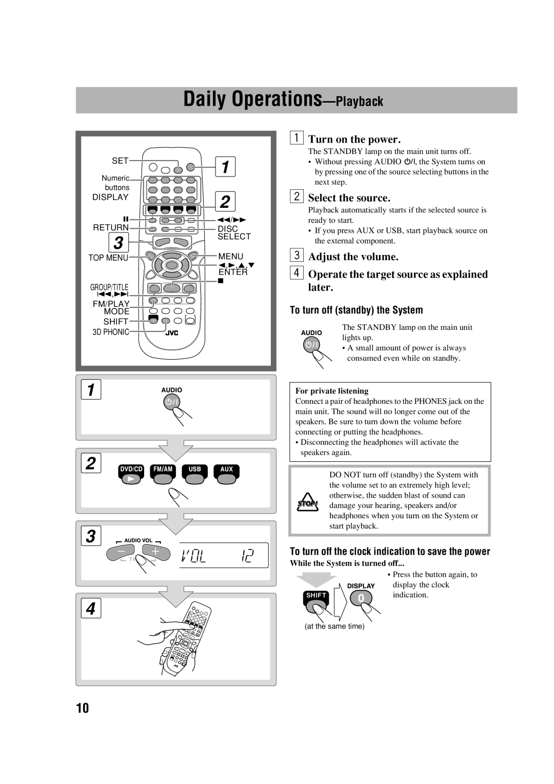 JVC CA-FSGD7 Daily Operations-Playback, To turn off standby the System, To turn off the clock indication to save the power 